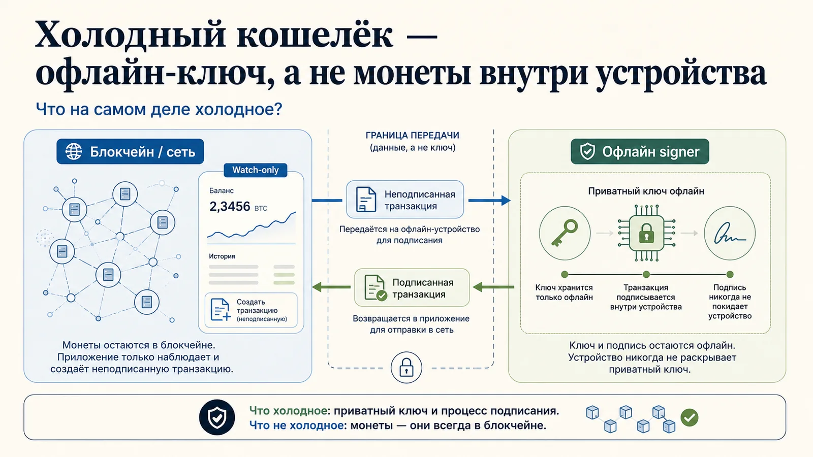 Холодный кошелёк — приватный ключ и подпись офлайн, криптовалюта остаётся в блокчейне
