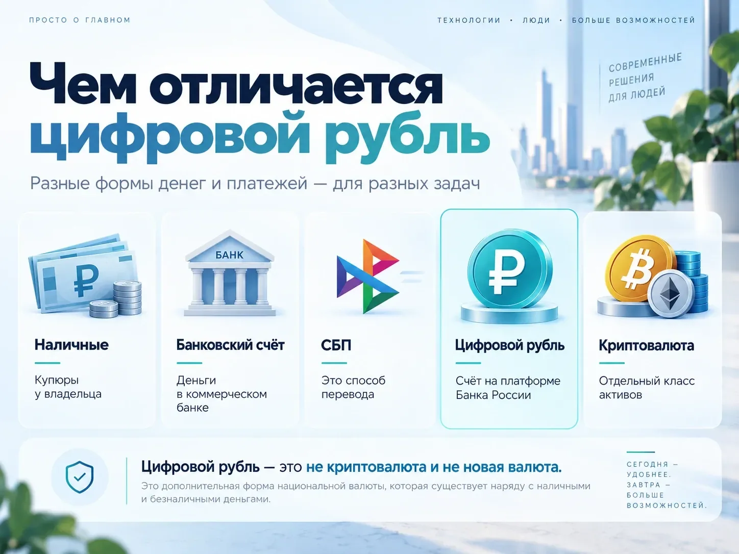 Сравнение наличных, банковского счёта, СБП, цифрового рубля и криптовалюты